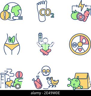Environmental damage prevention RGB color icons set Stock Vector
