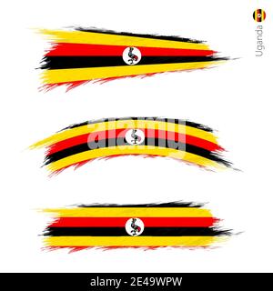 Set of 3 grunge textured flag of Uganda, three versions of national country flag in brush strokes painted style. Vector flags. Stock Vector