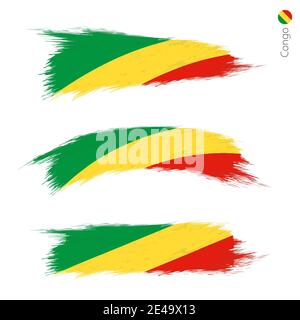 Set of 3 grunge textured flag of Congo, three versions of national country flag in brush strokes painted style. Vector flags. Stock Vector
