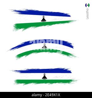 Set of 3 grunge textured flag of Lesotho, three versions of national country flag in brush strokes painted style. Vector flags. Stock Vector