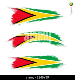 Set of 3 grunge textured flag of Guyana, three versions of national country flag in brush strokes painted style. Vector flags. Stock Vector