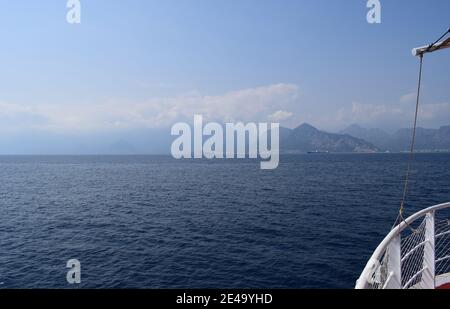 Boat bow sailing in blue Mediterranean sea in summer vacation. Travel Luxury Yacht Stock Photo