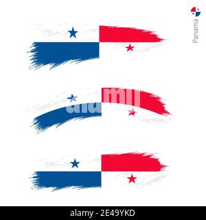 Set of 3 grunge textured flag of Panama, three versions of national country flag in brush strokes painted style. Vector flags. Stock Vector