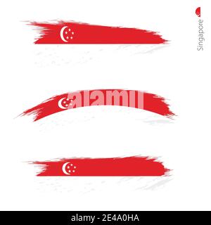Set of 3 grunge textured flag of Singapore, three versions of national country flag in brush strokes painted style. Vector flags. Stock Vector