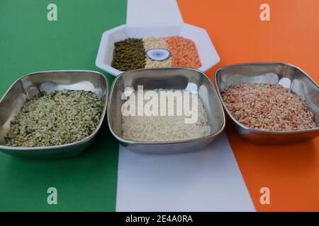 Three colors of rice resembling Indian tri colored India flag with ...