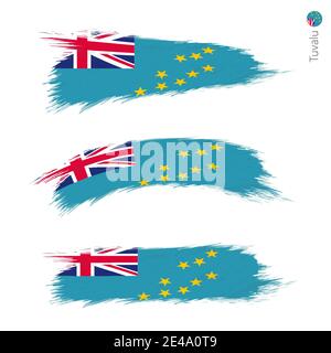 Set of 3 grunge textured flag of Tuvalu, three versions of national country flag in brush strokes painted style. Vector flags. Stock Vector