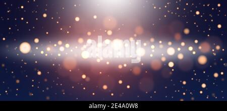 Golden abstract bokeh background. Defocused abstract twinkling lights on a blue background. Golden bokeh. Stock Photo