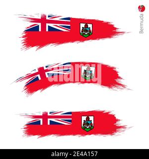 Set of 3 grunge textured flag of Bermuda, three versions of national country flag in brush strokes painted style. Vector flags. Stock Vector