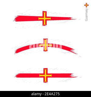 Set of 3 grunge textured flag of Guernsey, three versions of national country flag in brush strokes painted style. Vector flags. Stock Vector