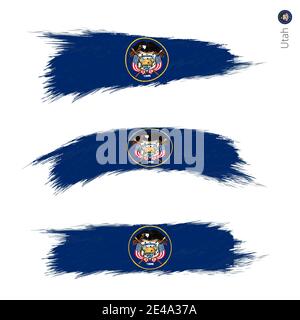 Set of 3 grunge textured flag of US State Utah, three versions of state flag in brush strokes painted style. Vector flags. Stock Vector