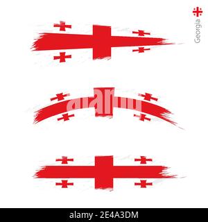 Set of 3 grunge textured flag of Georgia, three versions of national country flag in brush strokes painted style. Vector flags. Stock Vector