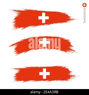 Set of 3 grunge textured flag of Switzerland, three versions of national country flag in brush strokes painted style. Vector flags. Stock Vector
