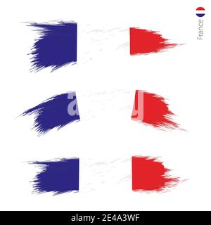Set of 3 grunge textured flag of France, three versions of national country flag in brush strokes painted style. Vector flags. Stock Vector