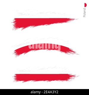 Set of 3 grunge textured flag of Poland, three versions of national country flag in brush strokes painted style. Vector flags. Stock Vector