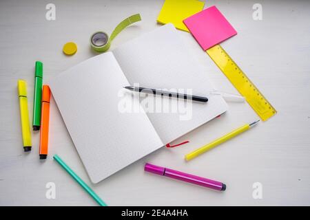 Open blank bullet journal planner with dotted pages with a pen. Woman planning concept Stock Photo