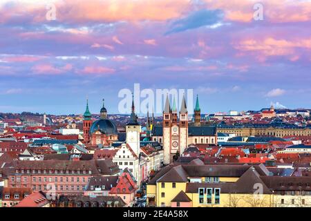 Aerial panoramic view of Old Town with cathedral and Town Hall in Wurzburg at sunset, Franconia, Bavaria, Germany