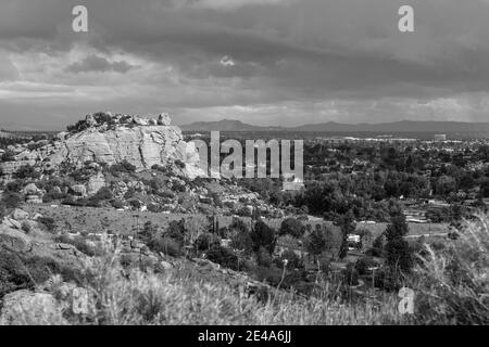 Black and white view of spring storm clouds, Stoney Point Park and the San Fernando Valley near Topanga Canyon Blvd in Los Angeles, California. Stock Photo