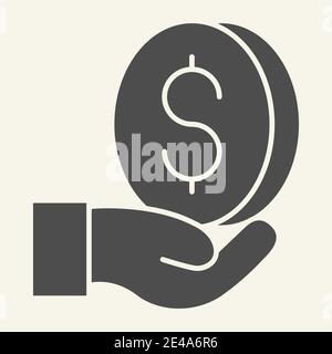 Money in hand solid icon. Dollar in palm vector illustration isolated on white. Coin glyph style design, designed for web and app. Eps 10. Stock Vector