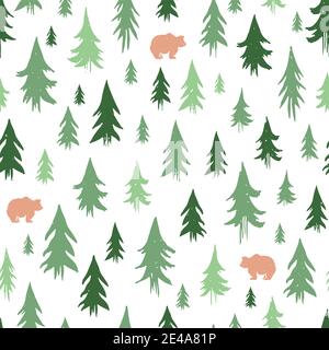 Hand-drawn forest silhouettes seamless pattern with bears. Stock Vector