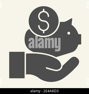 Save money solid icon. Savings vector illustration isolated on white. Piggy bank in hand glyph style design, designed for web and app. Eps 10. Stock Vector
