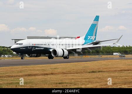 Boeing 737 MAX aircraft on display at the Farnborough air show. The aircraft was cleared to fly again in Europe and the UK on 27 January 2021 Stock Photo