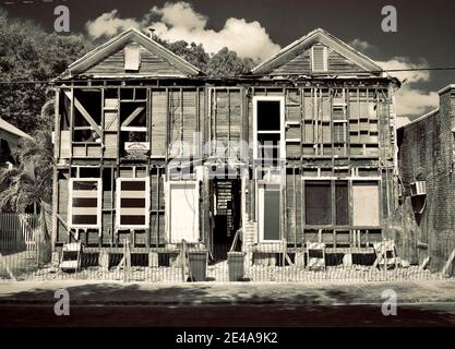 Renovation of two old houses in Historic Key West, Florida.  Vacation destination.  Facade of the house are completely removed. Stock Photo
