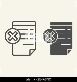 Document with cancel sign line and glyph icon. Paper with cross vector illustration isolated on white. Reject file outline style design, designed for Stock Vector