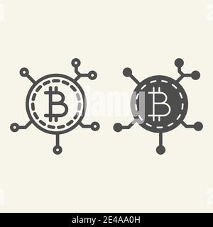 Blockchain technology line and glyph icon. Bitcoin communication vector illustration isolated on white. Crypto coin chip outline style design Stock Vector