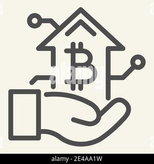 Bitcoin growth chart in hand line icon. Arm with cryptocurrency graph vector illustration isolated on white. Cryptocurrency increase outline style Stock Vector