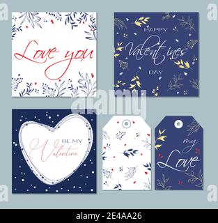 Set of trendy abstract card and tags for valentines day. For advertising flyers, greeting cards and social media posts. Delicate and modern design. Th Stock Vector