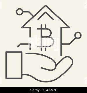 Bitcoin growth chart in hand thin line icon. Arm with cryptocurrency graph vector illustration isolated on white. Cryptocurrency increase outline Stock Vector