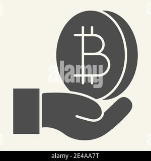 Open hand with bitcoin solid icon. Palm with cryptocurrency vector illustration isolated on white. Crypto coin in arm glyph style design, designed for Stock Vector
