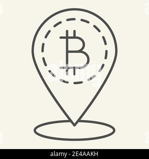 Bitcoin location thin line icon. Bitcoin and map pin vector illustration isolated on white. Cryptocurrency map pointer outline style design, designed Stock Vector