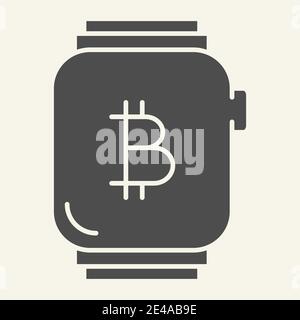 Smart watch with bitcoin solid icon. Bitcoin on wristwatch vector illustration isolated on white. Electronic wristwatch with crypto sign glyph style Stock Vector