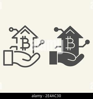 Bitcoin growth chart in hand line and glyph icon. Arm with cryptocurrency graph vector illustration isolated on white. Cryptocurrency increase outline Stock Vector