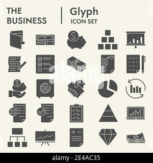 Business glyph icon set, management symbols collection, vector sketches, logo illustrations, office signs solid pictograms package isolated on white Stock Vector