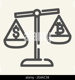 Balance of money and cryptocurrency line icon. Bitcoin and dollar on scales vector illustration isolated on white. Bitcoin and dollar on libra outline Stock Vector
