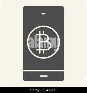 Bitcoin digital wallet solid icon. Bitcoin mobile phone vector illustration isolated on white. Cryptocurrency on smartphone glyph style design Stock Vector