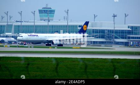 MUNICH, GERMANY - 11 OCTOBER 2015: Lufthansa Airbus A330-300 passenger plane taxiing at Munich Airport MUC Stock Photo