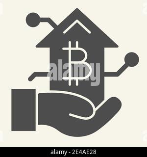 Bitcoin growth chart in hand solid icon. Arm with cryptocurrency graph vector illustration isolated on white. Cryptocurrency increase glyph style Stock Vector