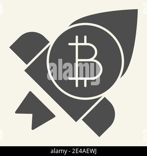 Bitcoin launching solid icon. Cryptocurrency rocket vector illustration isolated on white. Cryptocurrency spaceship glyph style design, designed for Stock Vector
