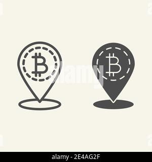 Bitcoin location line and glyph icon. Bitcoin and map pin vector illustration isolated on white. Cryptocurrency map pointer outline style design Stock Vector