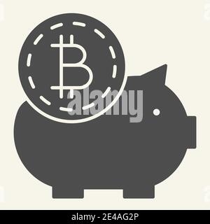 Saving crypto money solid icon. Bitcoin piggy bank vector illustration isolated on white. Crypto coin and pig glyph style design, designed for web and Stock Vector