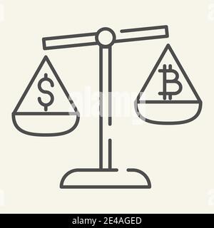 Balance of money and cryptocurrency thin line icon. Bitcoin and dollar on scales vector illustration isolated on white. Bitcoin and dollar on libra Stock Vector
