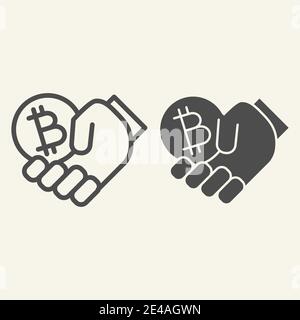Cryptocurrency in hand line and glyph icon. Bitcoin and arm vector illustration isolated on white. Hand holding crypto money outline style design Stock Vector