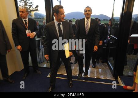 French President Nicolas Sarkozy and US President Barack Obama seen during G8 Summit in L'Aquila, Italy, on July 8, 2009. Photo by Elodie Gregoire/ABACAPRESS.COM Stock Photo