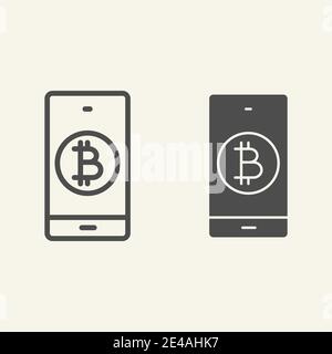 Bitcoin digital wallet line and glyph icon. Bitcoin mobile phone vector illustration isolated on white. Cryptocurrency on smartphone outline style Stock Vector