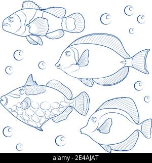 Collection of tropical reef fish. Isolated vector objects on a white background. Stock Vector