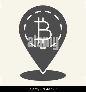 Bitcoin location solid icon. Bitcoin and map pin vector illustration isolated on white. Cryptocurrency map pointer glyph style design, designed for Stock Vector