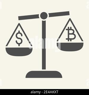 Balance of money and cryptocurrency solid icon. Bitcoin and dollar on scales vector illustration isolated on white. Bitcoin and dollar on libra glyph Stock Vector